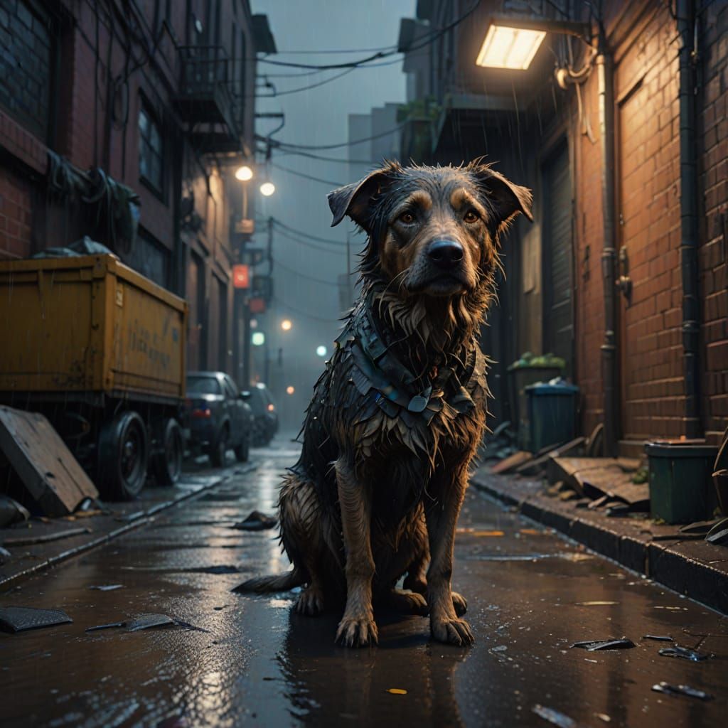 Stray Dog Stands Guard in Rainy Alleyway