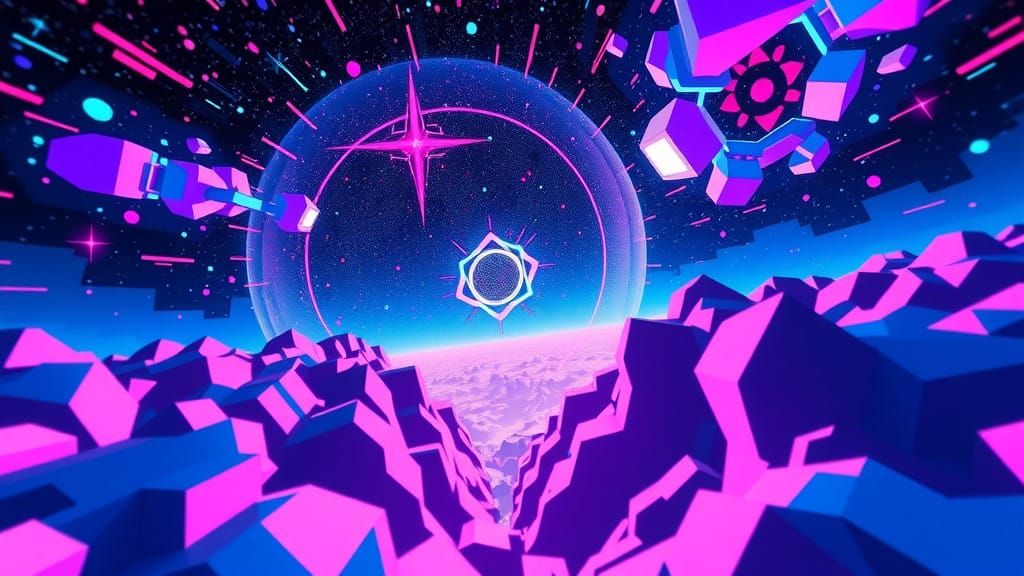 Vibrant Cyberpunk Dreamscape with Glitch Art Aesthetics