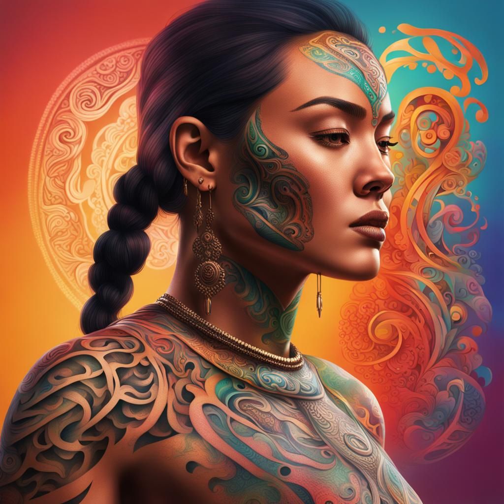 Hyperrealistic Maori Tattoo Art: Colorful Female Portrait