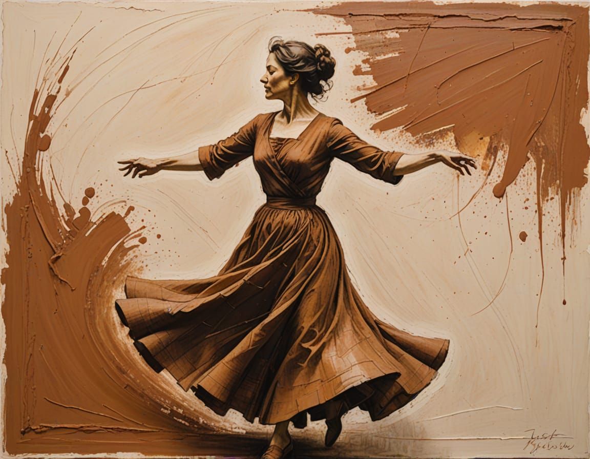 Pencil Sketch of Woman Twirling on Impasto Wall