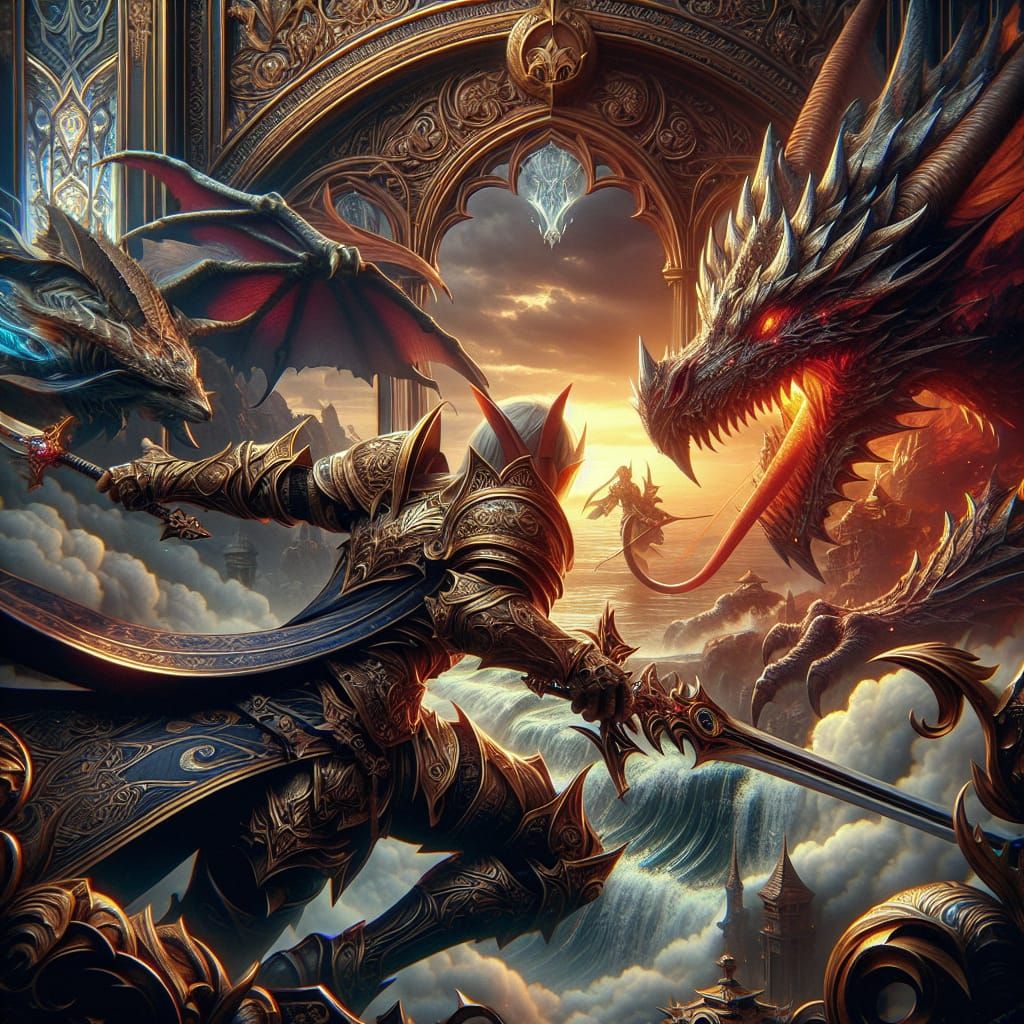 Epic Elf Warrior Dragon Battle in Fantasy Art Style