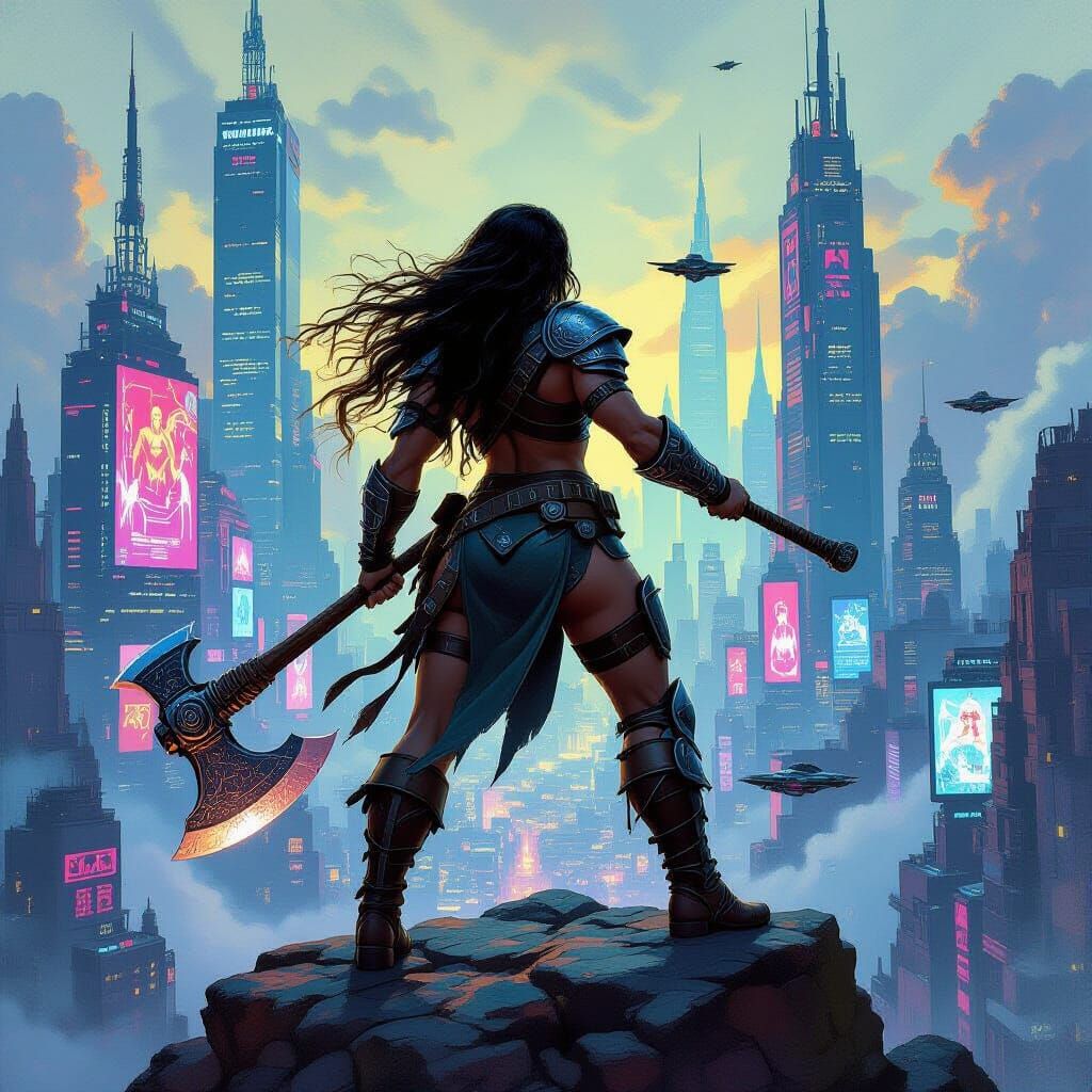 Barbarian Woman Overlooks Cyberpunk City in Oil Painting Sty...