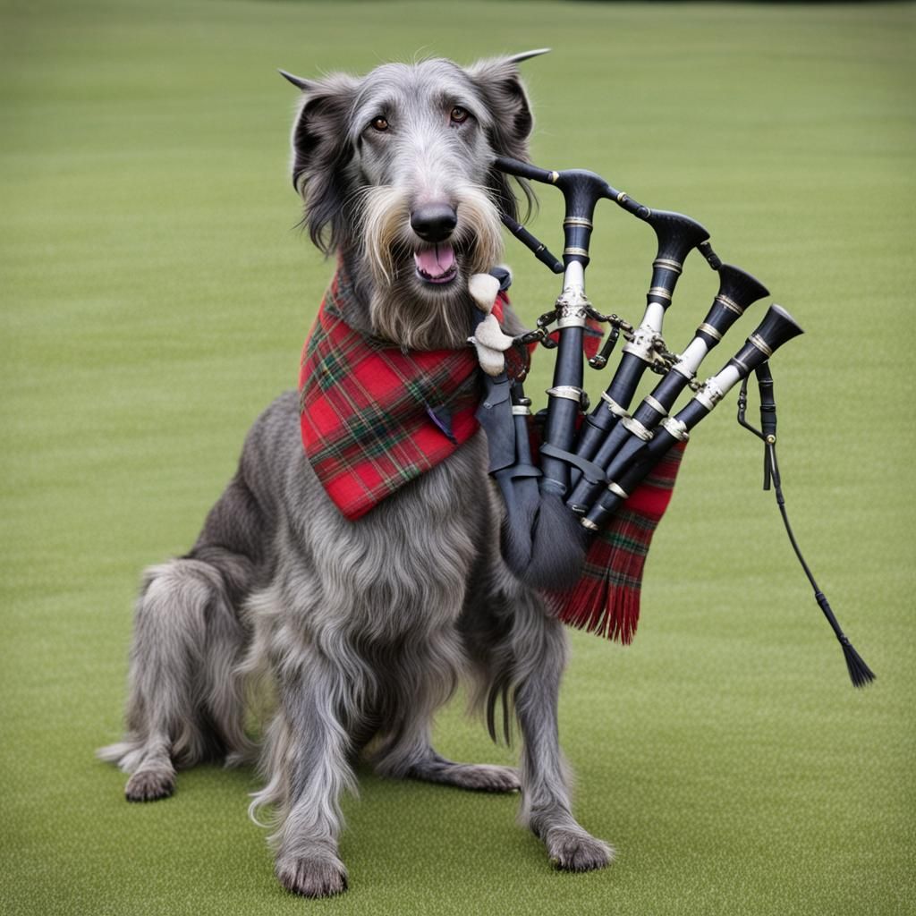 Kilted Scottish Deerhound Playing Bagpipes