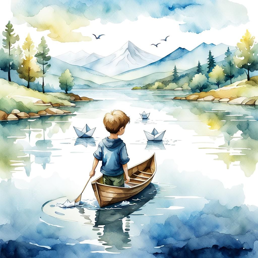 Boy with Paper Boat: Watercolor Landscape