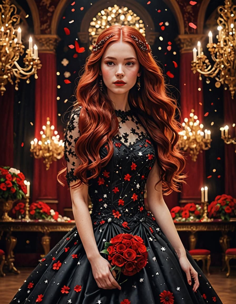 Red-Haired Princess in Magical Ballroom with Candles