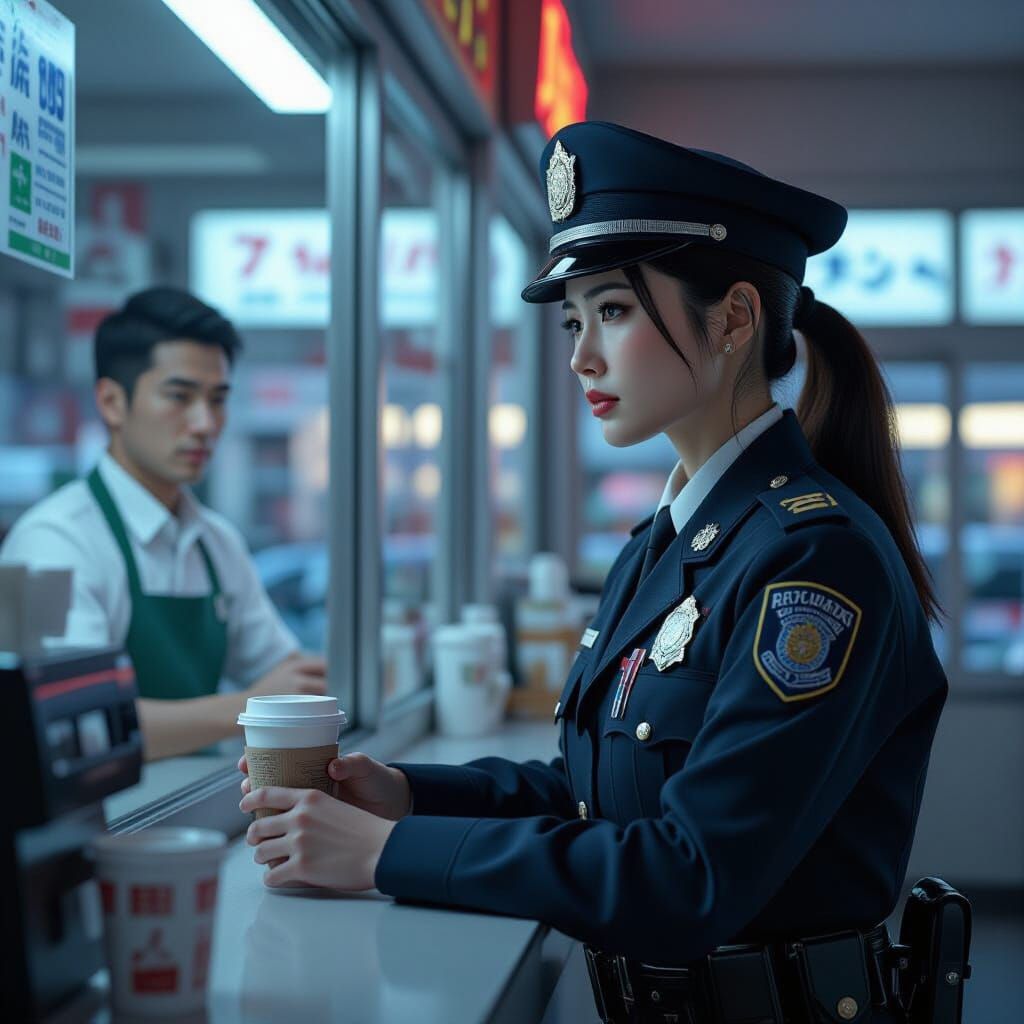 Neon-Lit Policewoman at Convenience Store in 3D Render