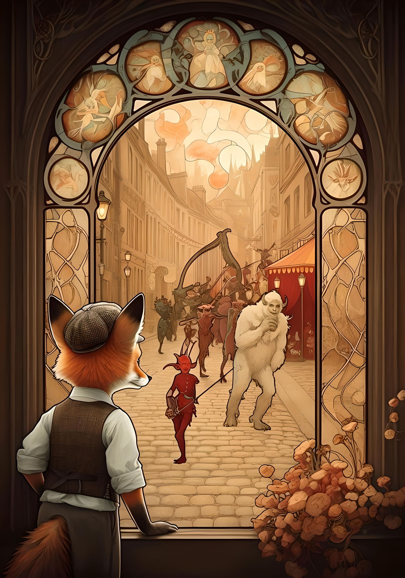 Art Nouveau Fox Watching a Monster Circus