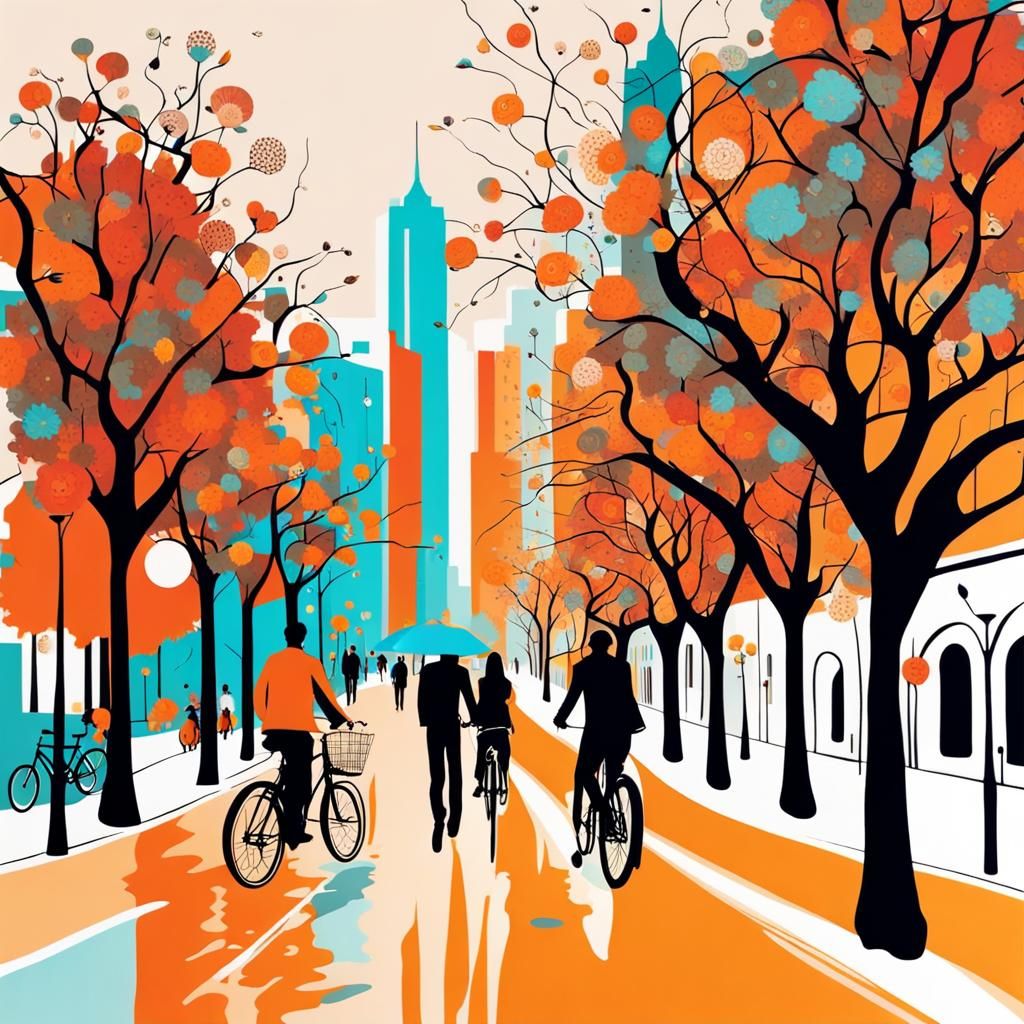Abstract Cityscape with Bicycles and Pedestrians
