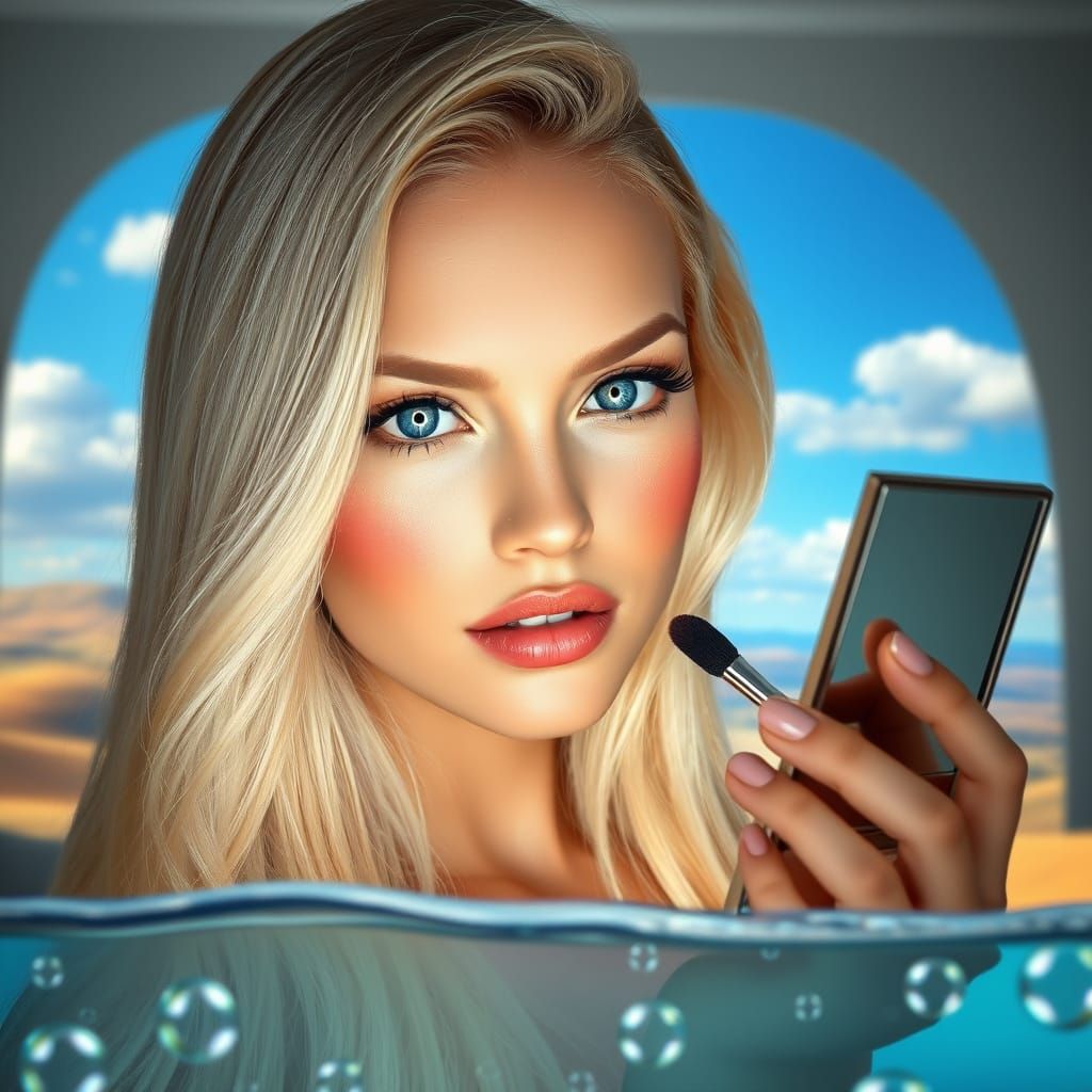 Hyperrealistic Portrait of a Blonde Woman Applying Makeup