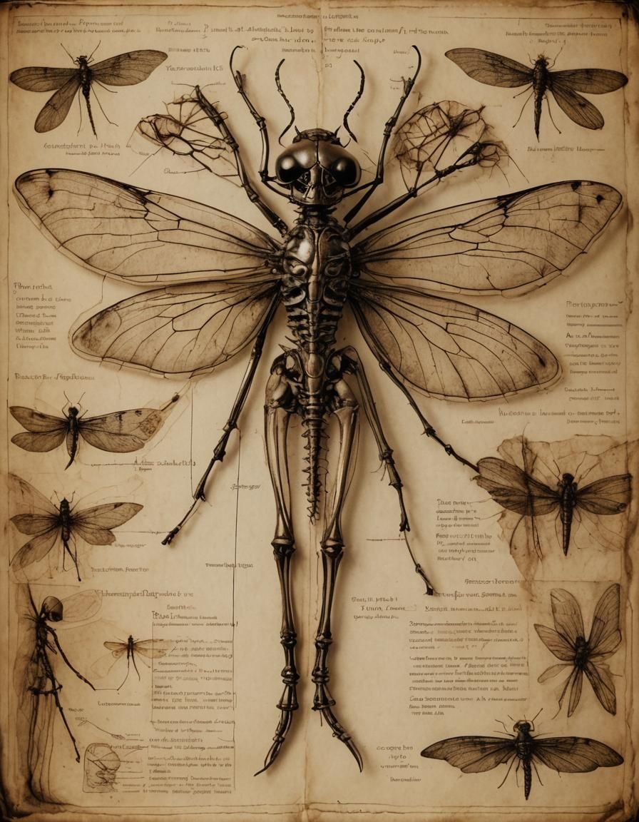 Detailed Sepia Diagram of Insect Fairy Skeleton