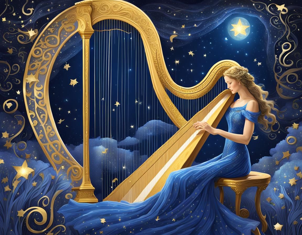 Woman Plays Harp Under Starry Night Sky