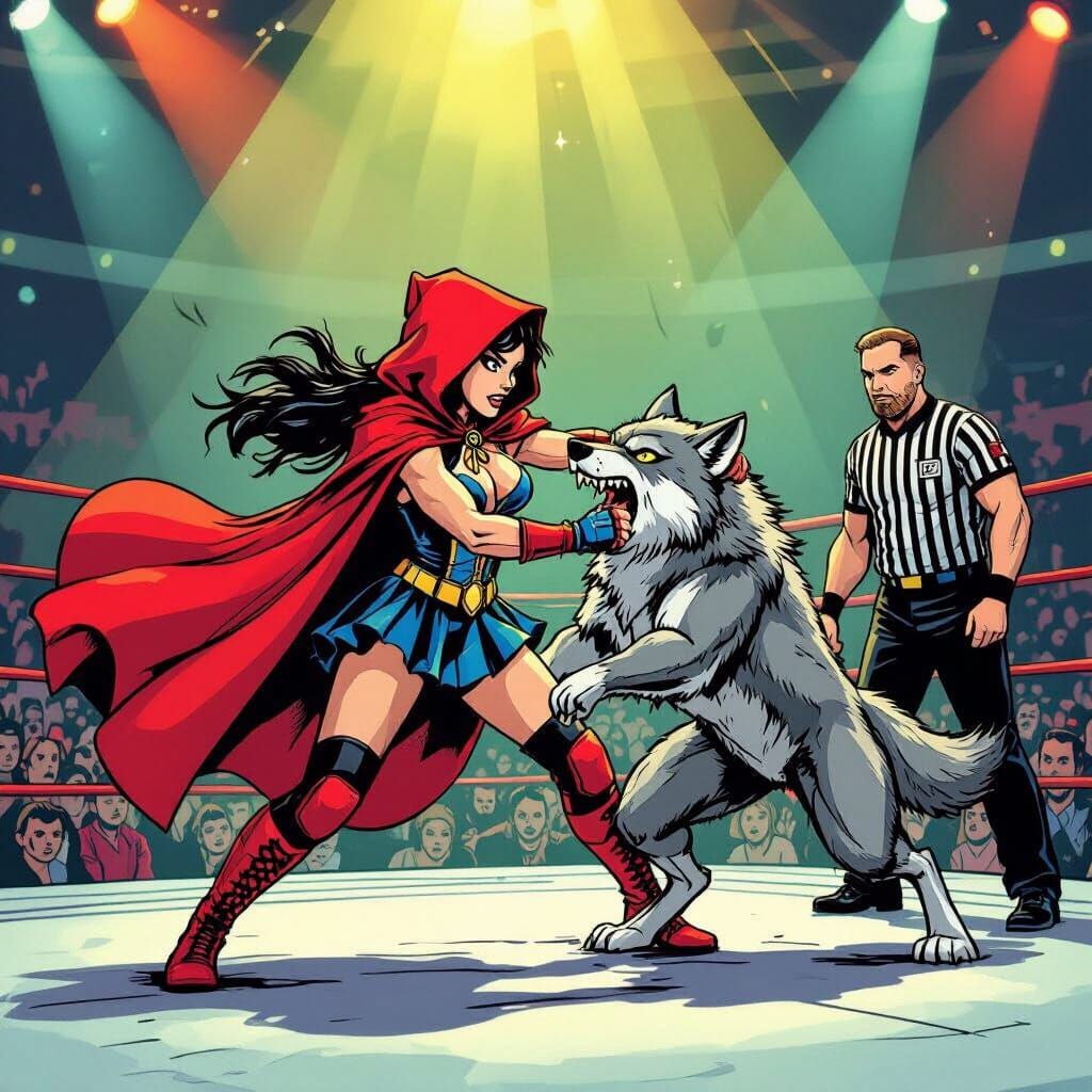 Grumpy Red Riding Hood Wrestling the Big Bad Wolf