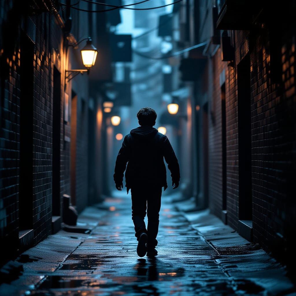 Boy Flees Dark Alleys in Cinematic Noir Style