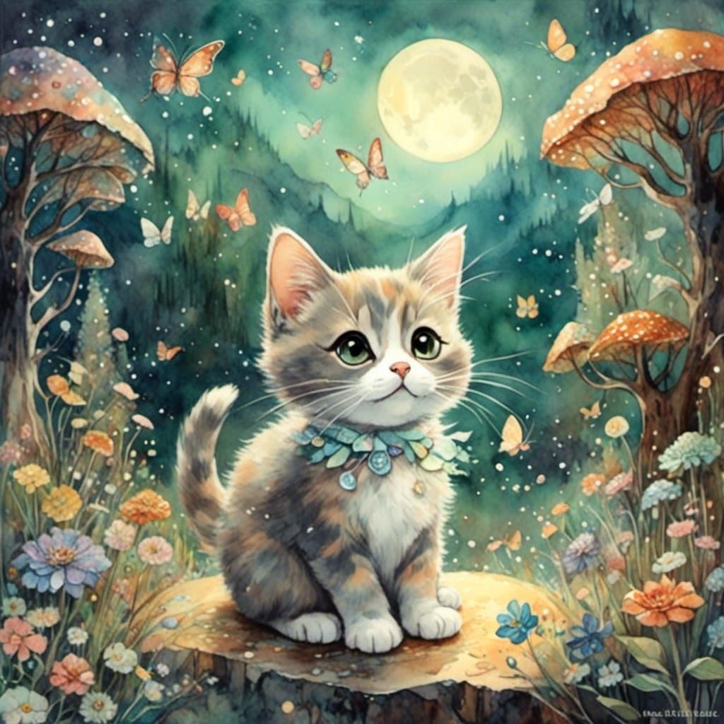 Enchanted Pearl Cat in Whimsical Watercolor Dreamscape