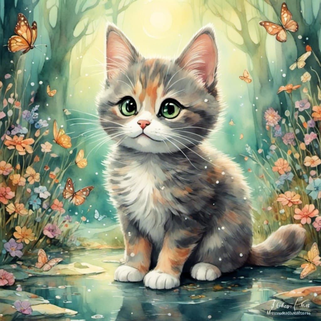 Whimsical Pearl Cat in Watercolor Dreamscape