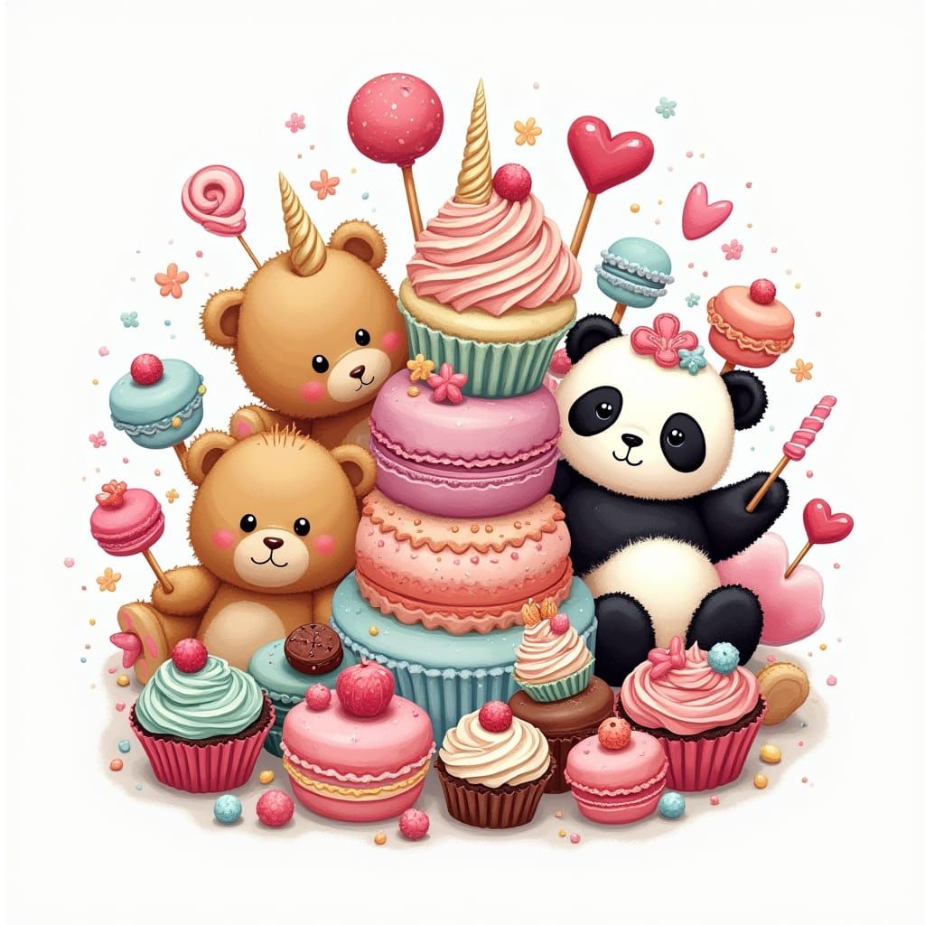 Vibrant Whimsical Logo Featuring Sweets and Plushies