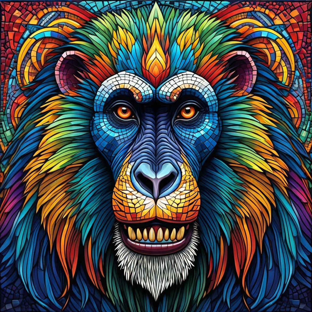 Rainbow Mandrill Mosaic Portrait with Abstract Fractals