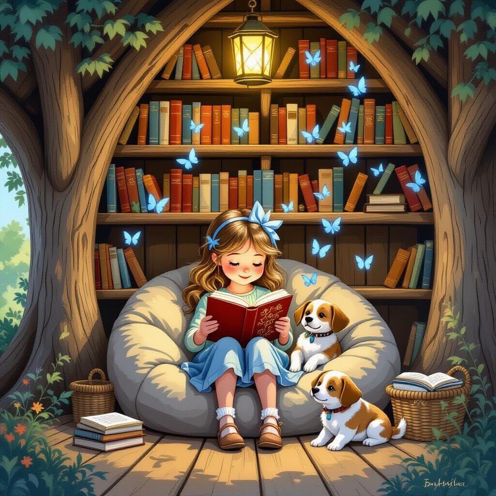 Whimsical Girl Reading with Puppy in Treehouse