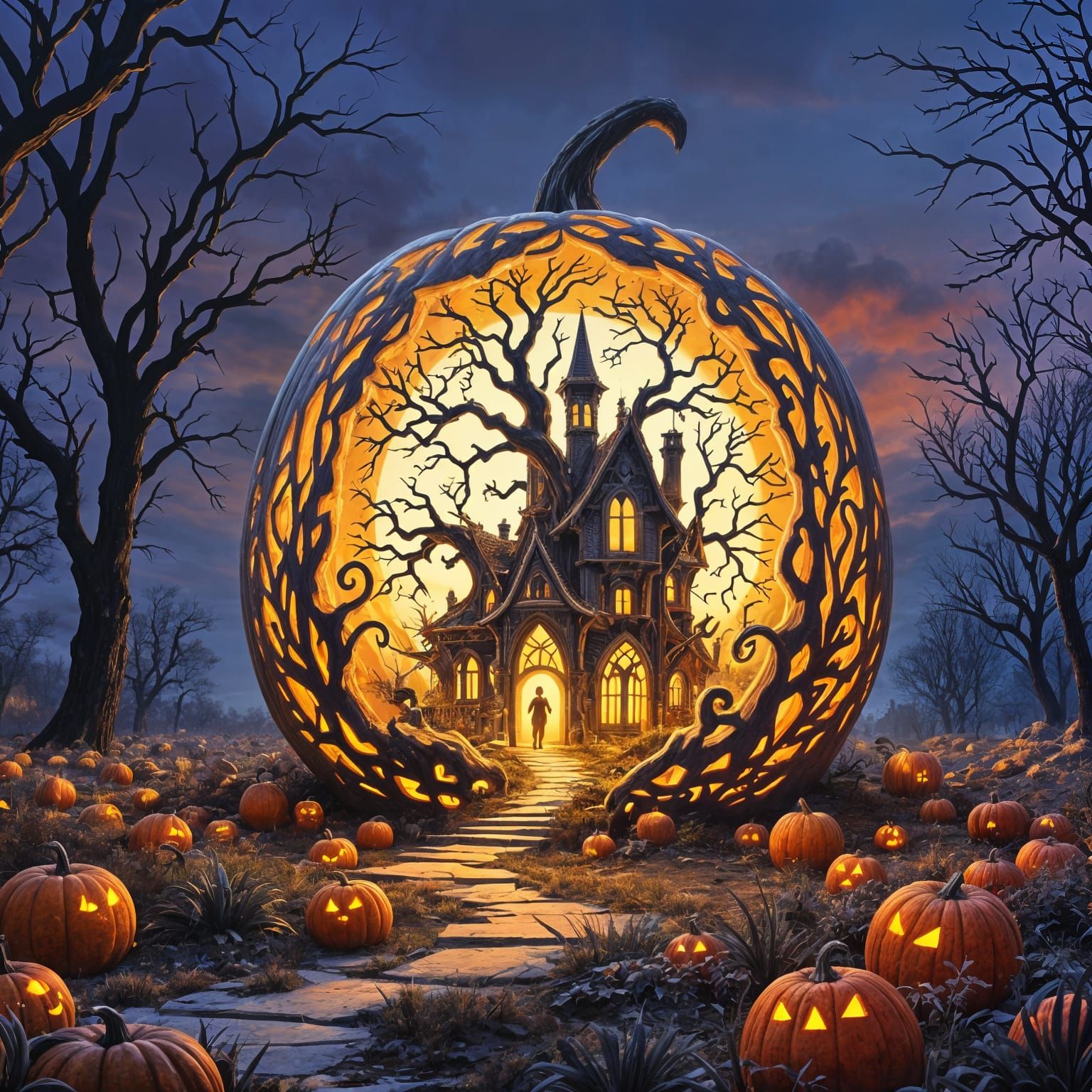 Spooky Haunted House Carved Inside a Pumpkin