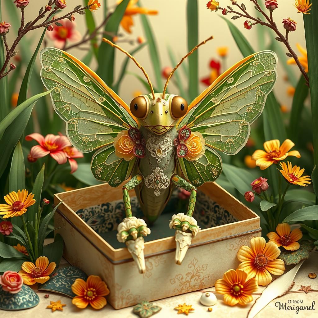 Intricately Dressed Grasshopper in Botanical Setting