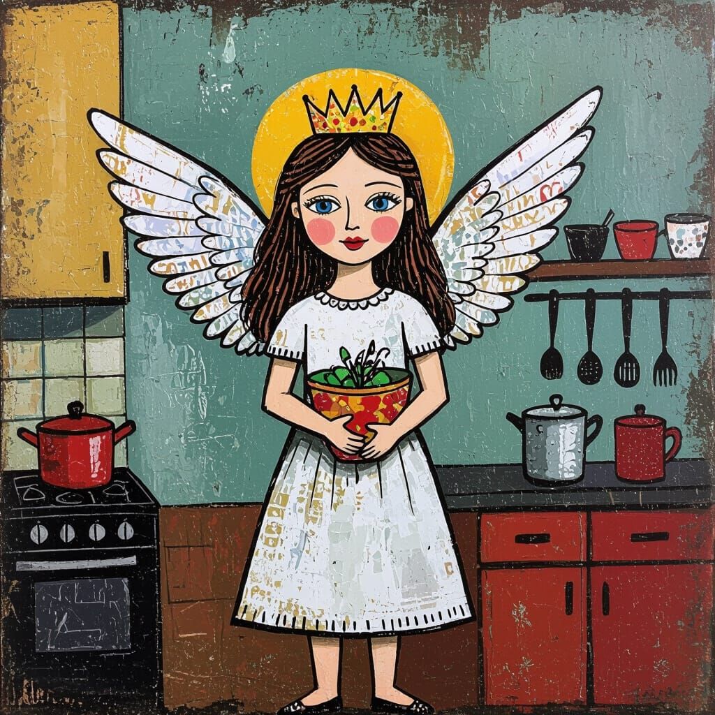 Kitchen Angel Fairytale in Art Brut Grunge Style