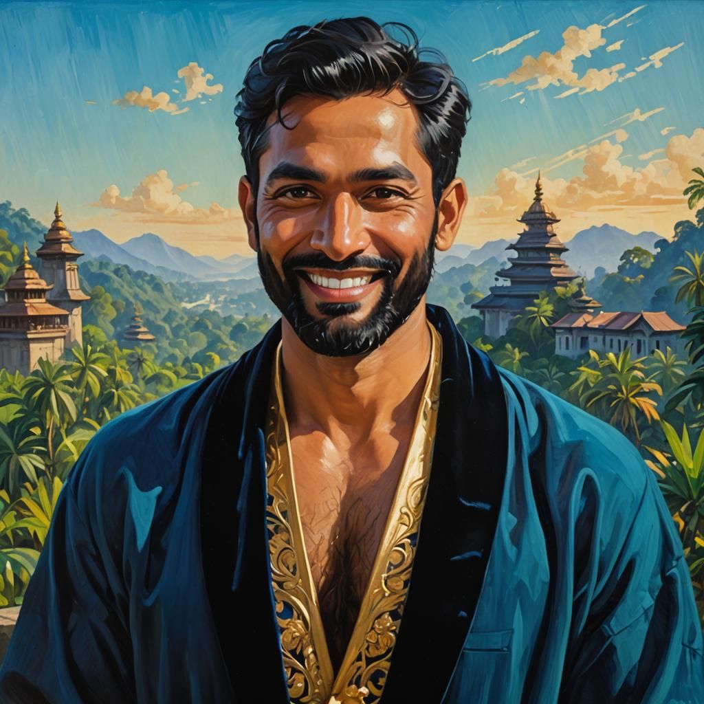 Smiling Man in Blue Robe, Neo-Impressionist Oil Painting