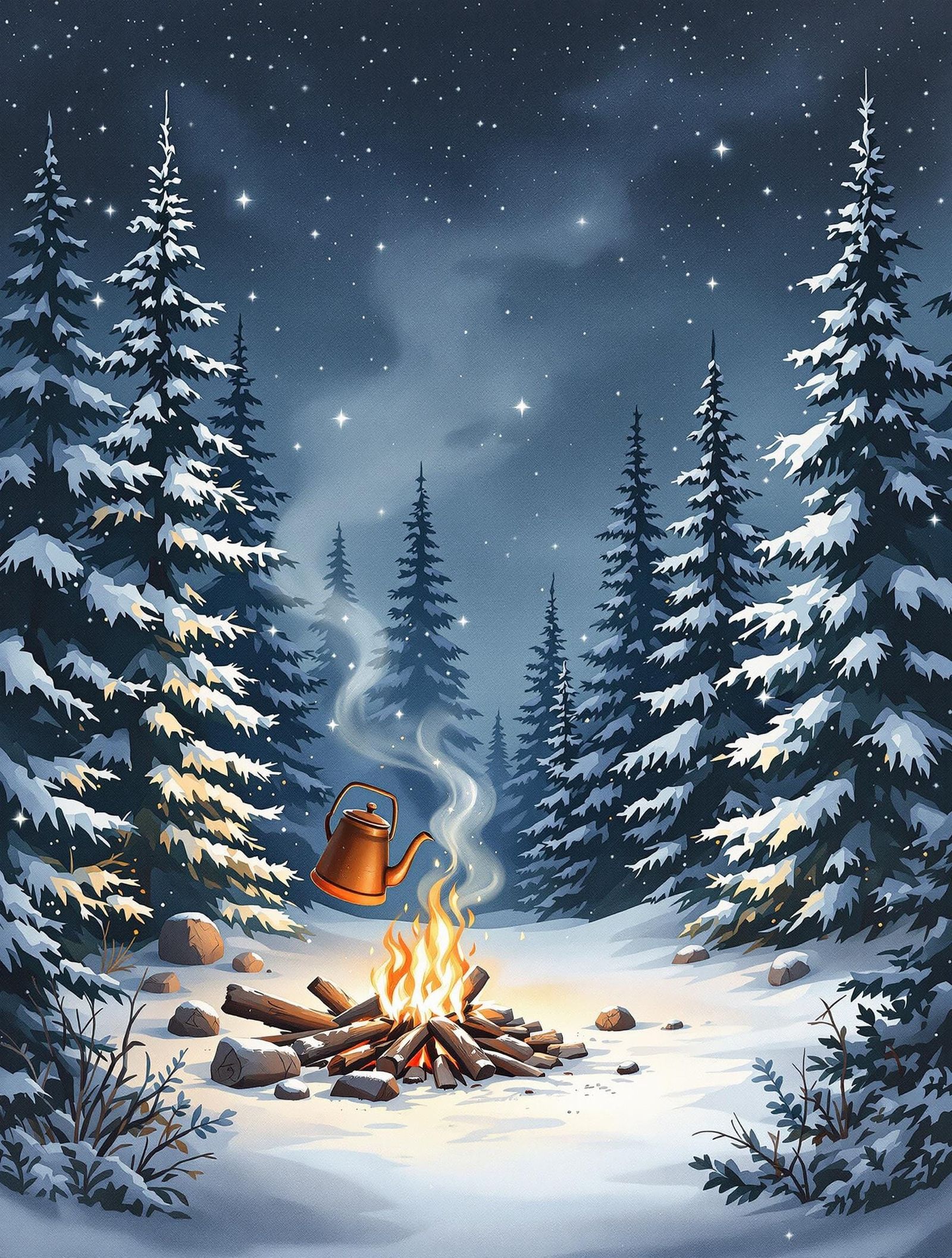 Campfire in Boreal Forest: Watercolour Winter Night