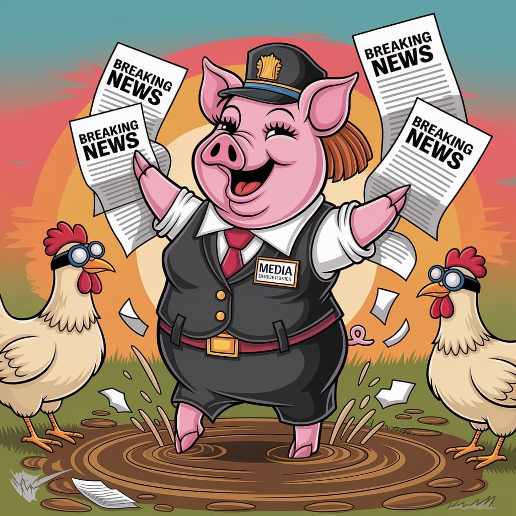 Pig Journalist in Muddy Puddle, Whimsical Caricature