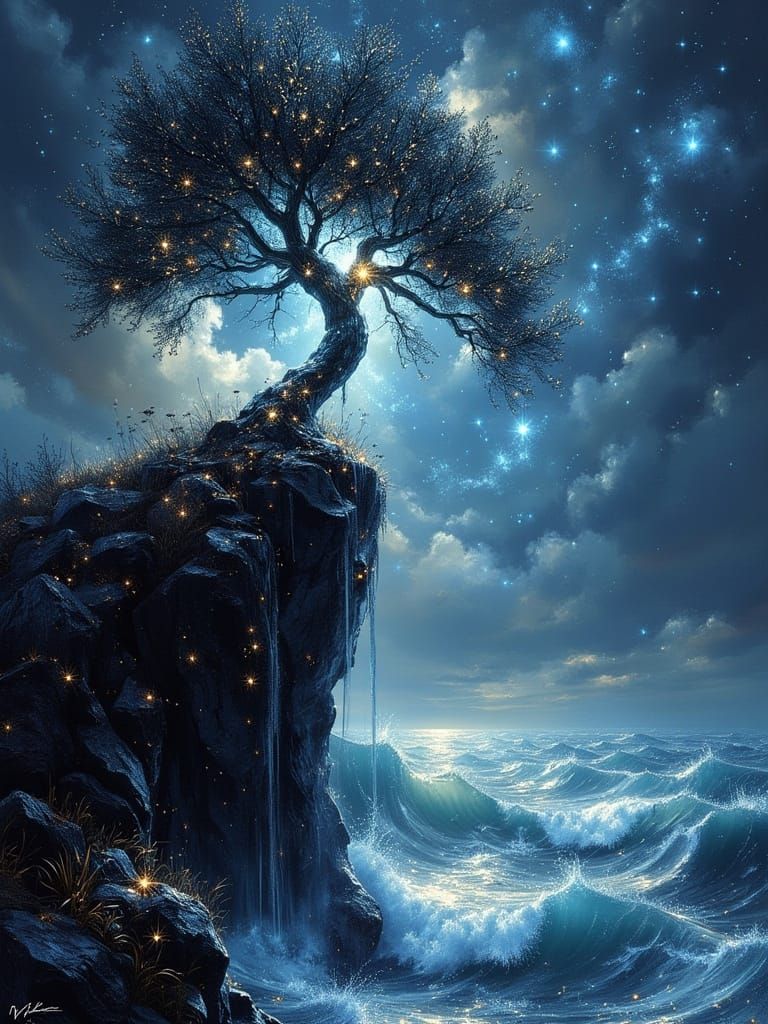 Twisted Tree on Cliff Overlooking Cosmic Sea