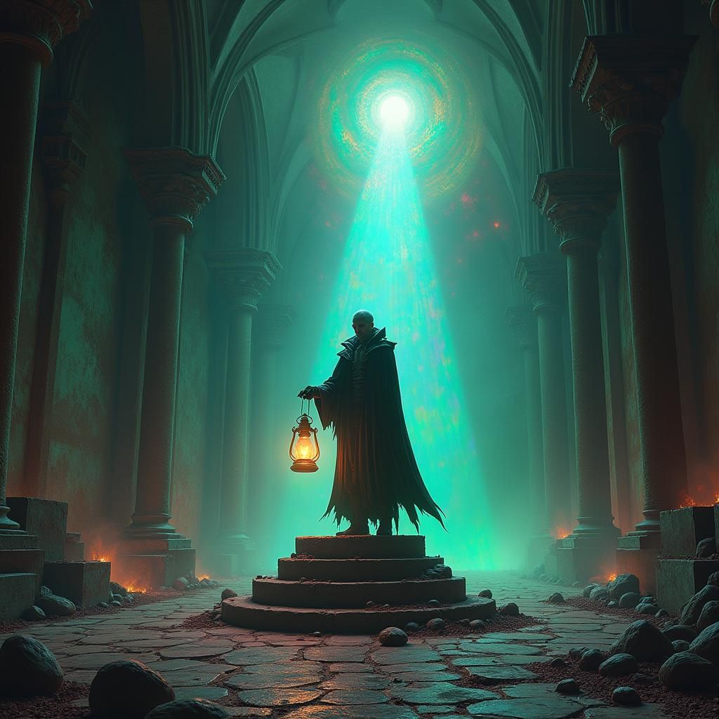 Plague Doctor in Abandoned Cathedral with Spectrum Aura