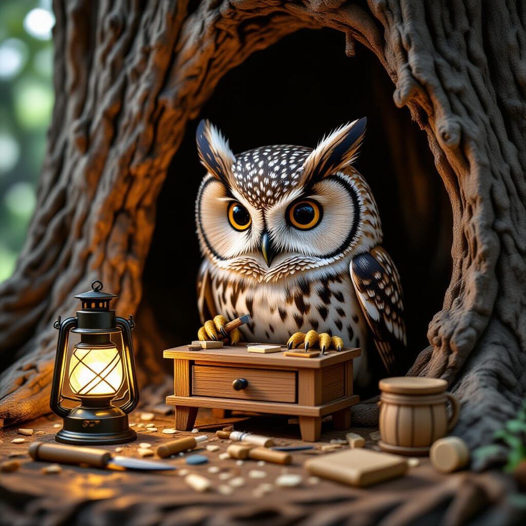 Wise Owl Crafts Tiny Wooden Furniture in Tree Hollow
