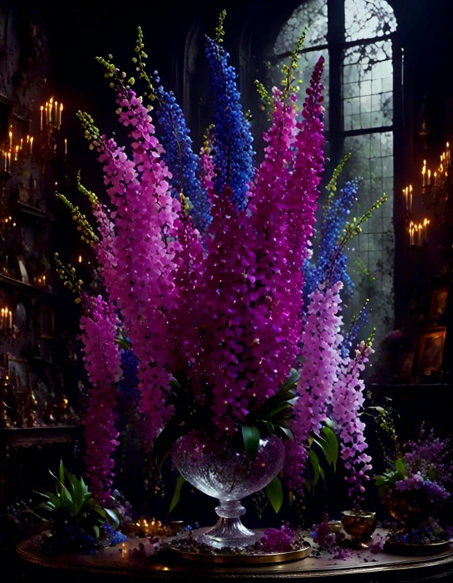 Orchid and Hyacinth Arrangement in Hyperreal Style