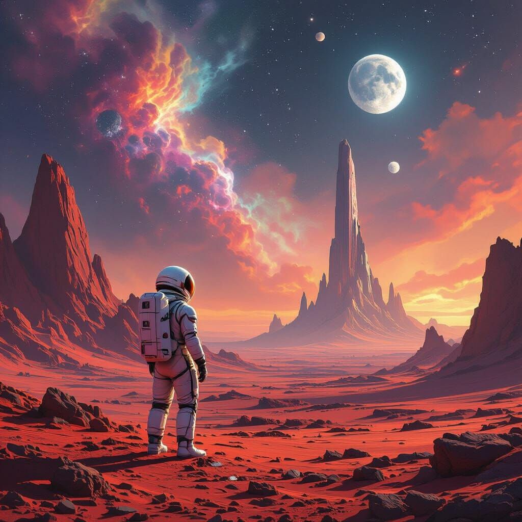 Astronaut on Crimson Planet Under Nebula Sky