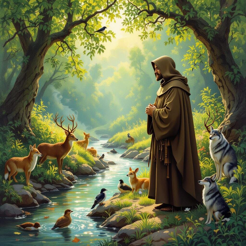 Saint Francis with Animals Beside Creek in Vibrant Oil Paint...