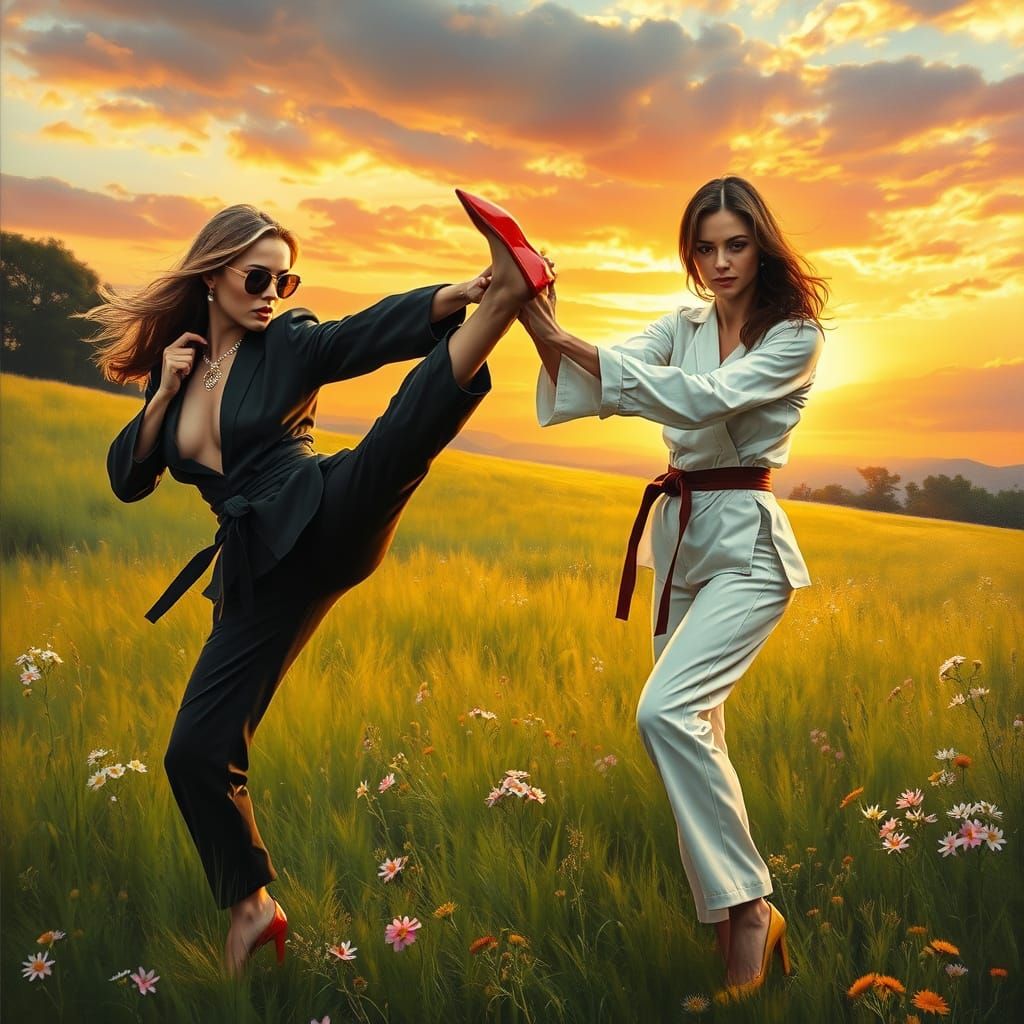 Glamorous Women Practice Karate as Oil Painting
