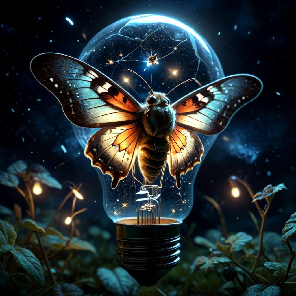 Moth Fairy Flies Around Lightbulb in Digital Painting