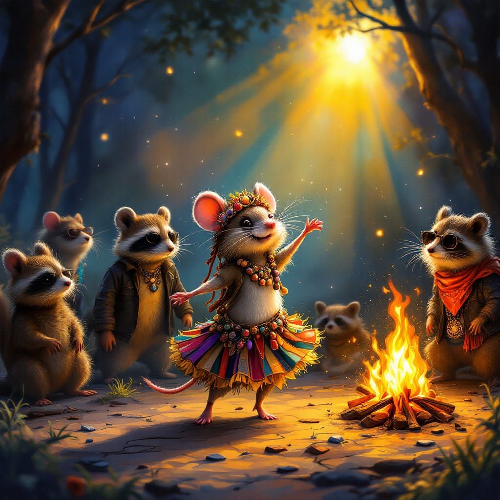Whimsical Hippy Animals Dance Around Campfire