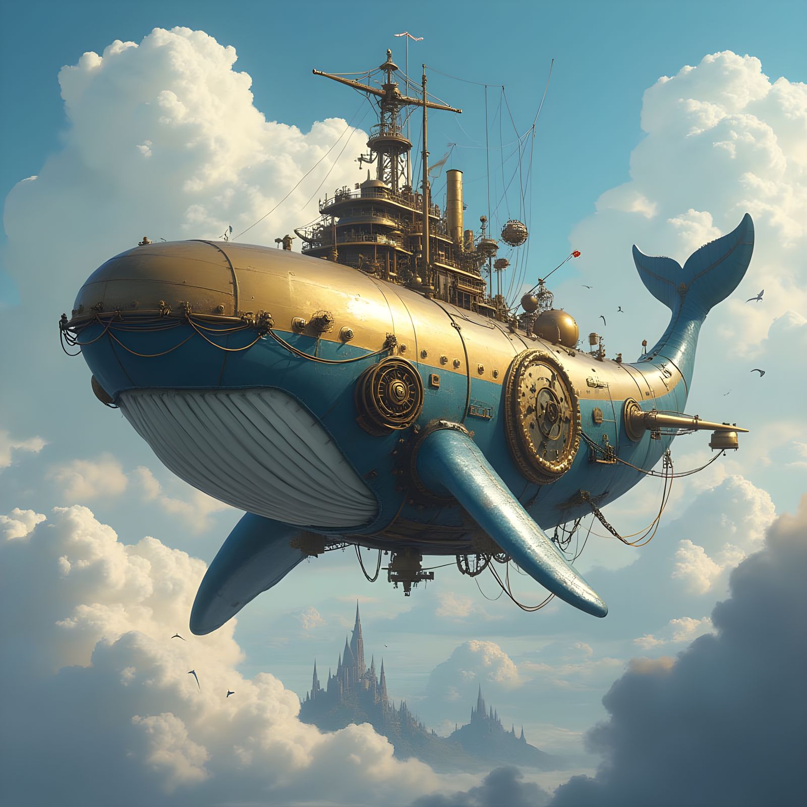 Steampunk Whale Airship Glides Through Fantasy Sky
