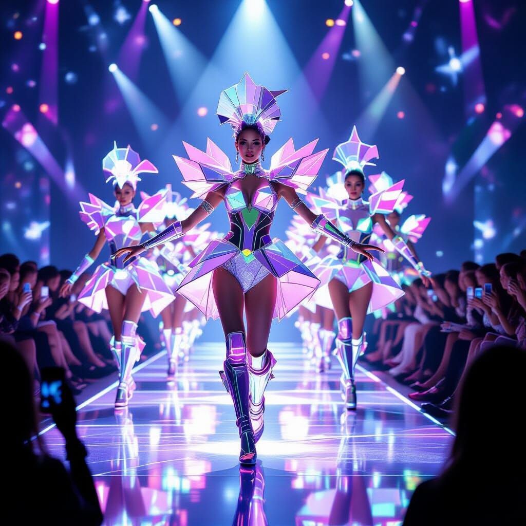 Futuristic Showgirls on Holographic Stage in Cyberpunk Style