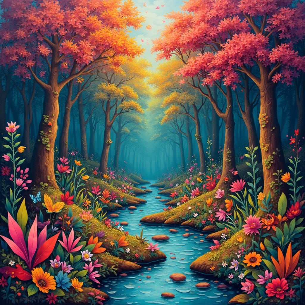 Cubist Forest Scene with Metallic Textures