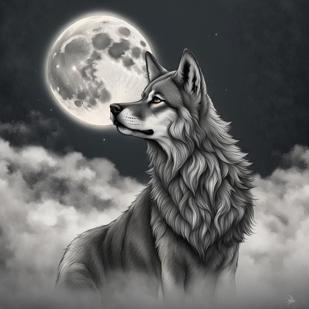 Wolf Howling at Moon in Fantasy Style