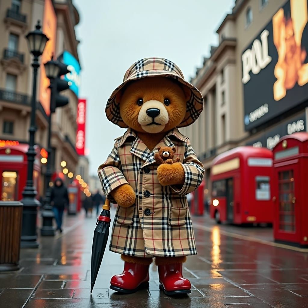 Teddy Bear in Burberry at Piccadilly Circus