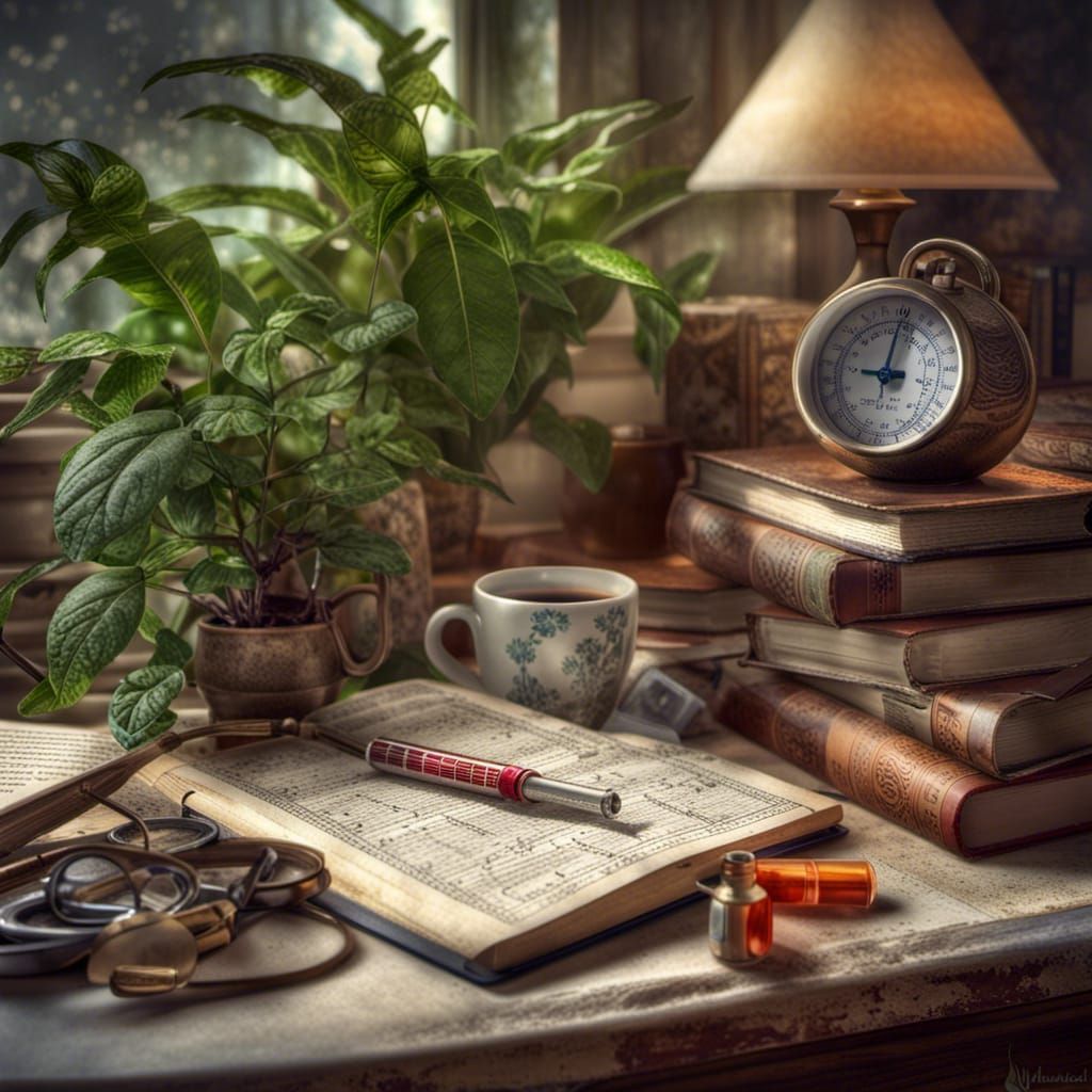 Resting with Books and Medicine: Hyperrealistic Image