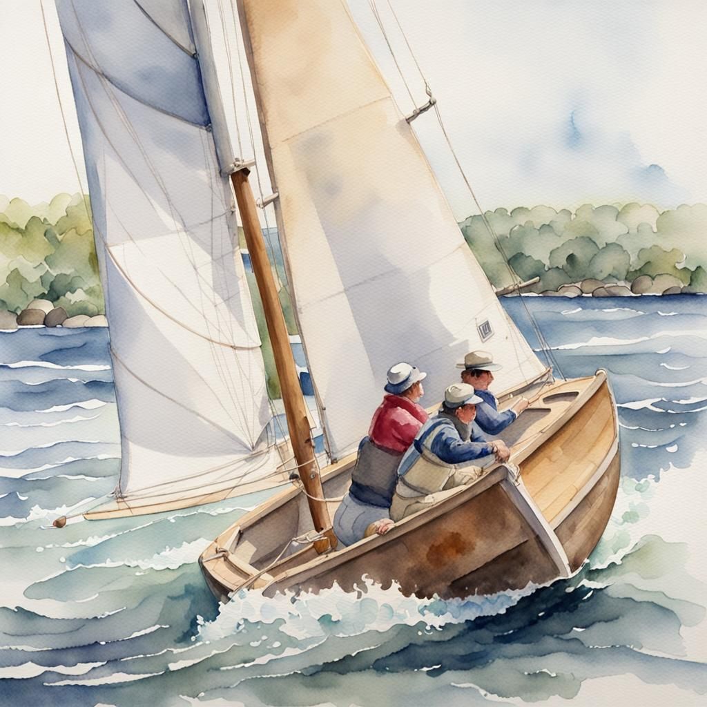 Watercolor Sailing Dinghy Leaning into the Turn