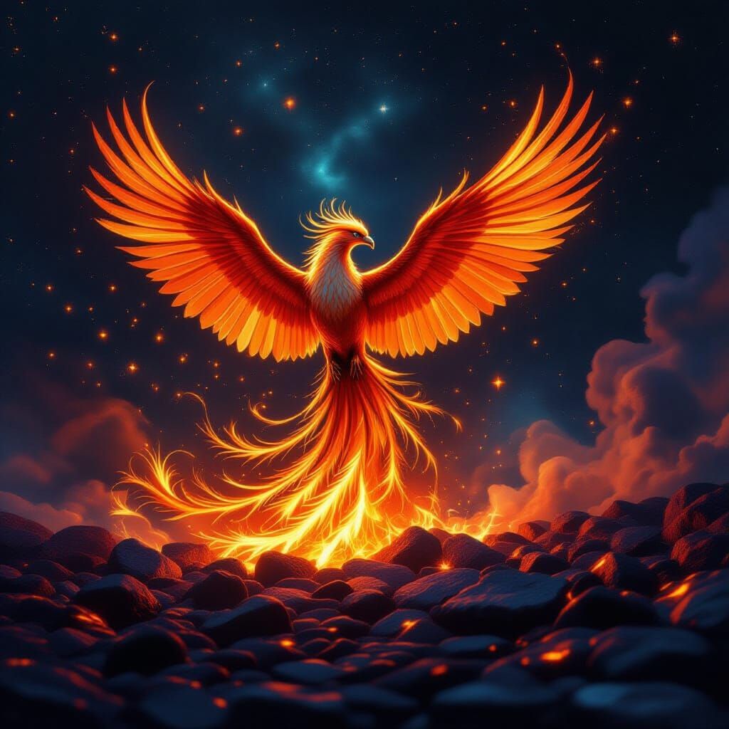 Majestic Phoenix Rises from Embers in Cosmic Nebula