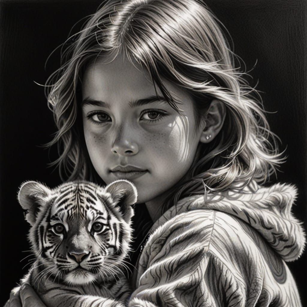 Girl with Sparkling White Tiger Cub Charcoal Drawing