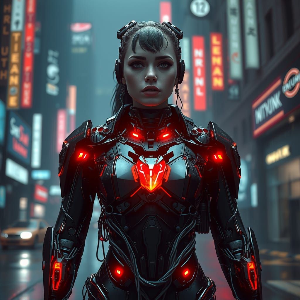 Cyberpunk Warrior Lost in Neon Metropolis