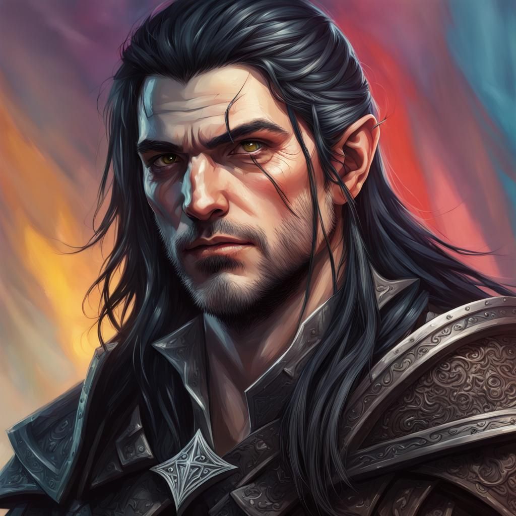 Hyperrealistic Half-Witcher Elf Portrait with Black Hair