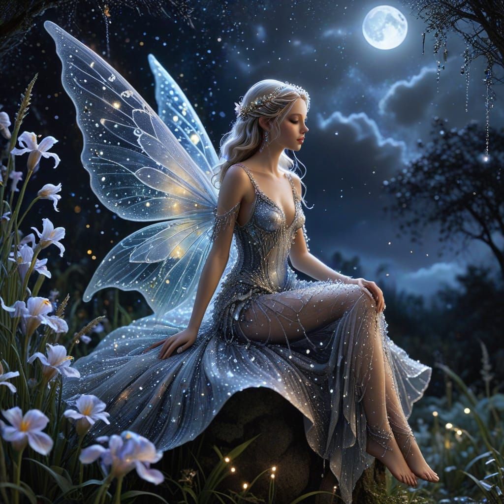 Moonlit fairy by flowers