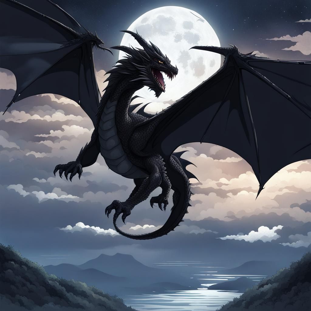 Giant Black Dragon Soaring in Anime Art Style